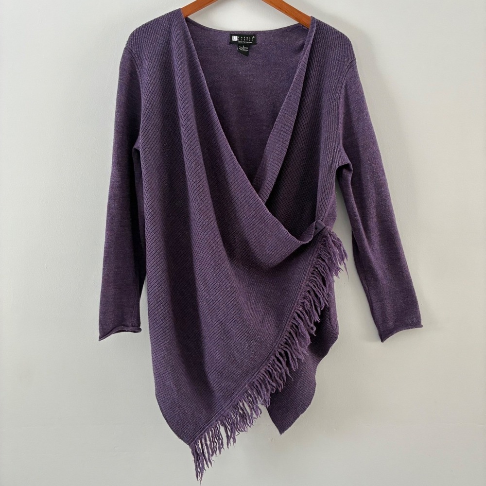 Carole Little Purple 100% Merino Wool Fringe Wrap Cardigan Sweater Womens L